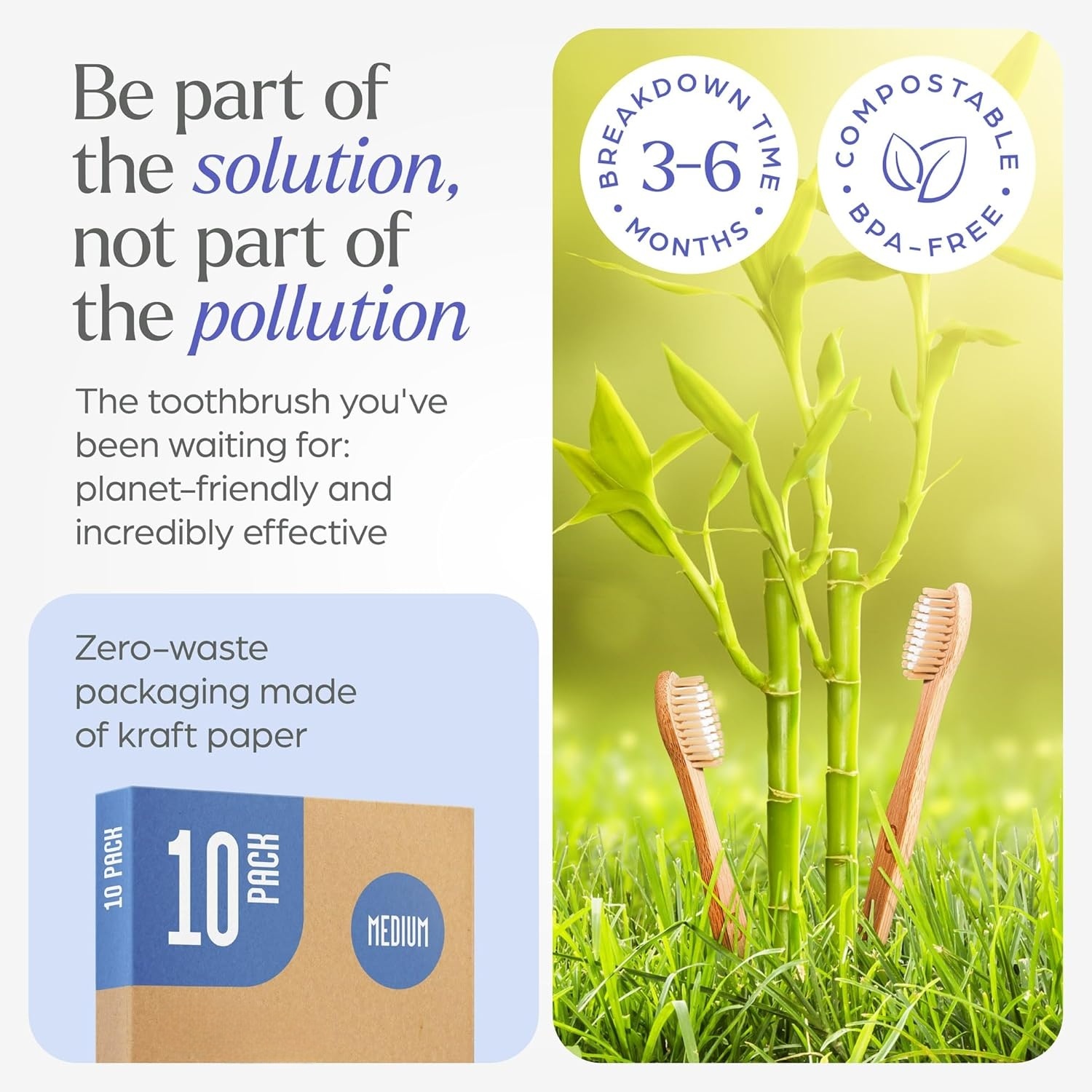 Eco-Friendly Bamboo Toothbrush - Medium Bristles BPA Free Natural Wooden Toothbrush for Adults view 6